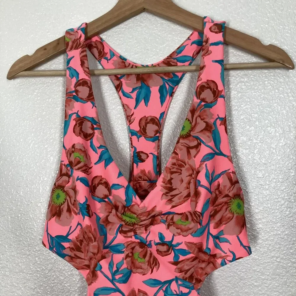 Tori Praver One Piece Swimsuit Womens Large Pink Floral Cutout Monokini Tropical